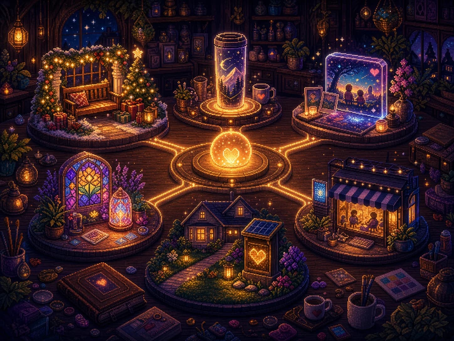 Pixel-art-inspired PixelMeWorld collections overview illustration with seasonal, drinkware, keepsake, home decor, outdoor, and business inspiration areas.